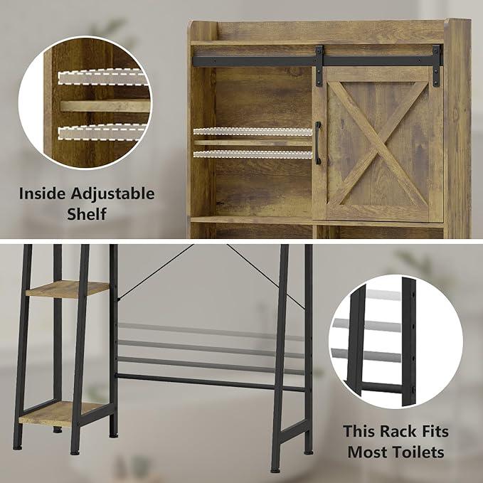 Farmhouse Storage Cabinet Over Toilet with Sliding Door & Toilet Paper Holder Stand, Space-Saving Bathroom Rack - ModernBath