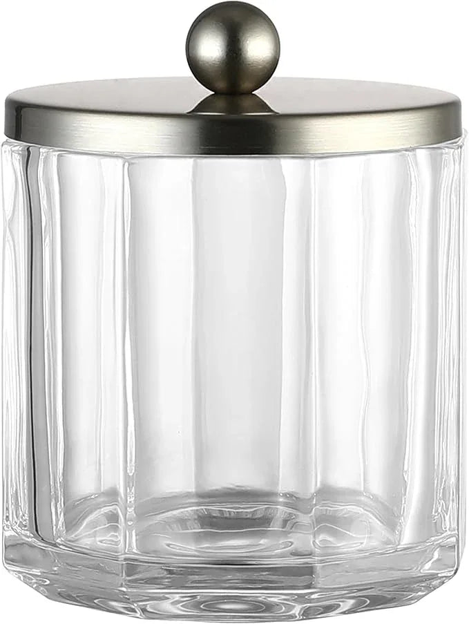 Indecor Home Clear Transparent Apothecary Octagional Shaped Glass Canister Jar With Satin Nickel Metal Lid Cover for Bathroom Organization, Cotton Balls, Q Tips, and Small Accessories, Bath Storage - ModernBath
