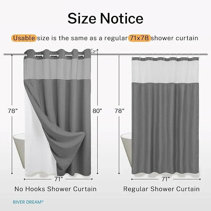 River Dream Heavyweight No Hooks Required Dotted Waffle Weave Shower Curtain with Snap in Liner - 71W x 80H,Hotel Grade,Spa Like Bath Curtain,Gray - ModernBath