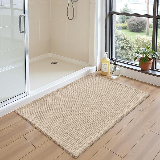 DEXI Bathroom Rugs 16x24, Non Slip Washable Bath Mat, Absorbent Chenille Bathmat, Ultra Soft Thick Carpet for Tub Shower Floor, Beige - ModernBath