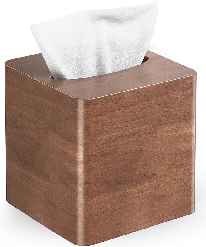Livelab Tissue Box Cover Square - Oak Wood Tissue Box Holder for Living Room, Dinner Table, Bathroom, Office - Decorative Wooden Cube Facial Tissue Cover for Modern Farmhouse Home Decor | Brown - ModernBath