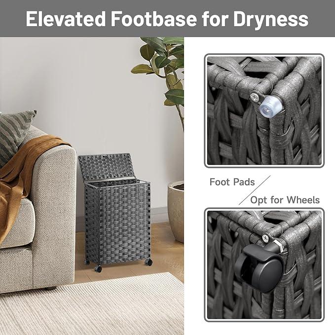 Hiagnete Toilet Paper Storage Basket with Lid and Wheels, Rattan Toilet Paper Holder Storage, Toilet Paper Organizer for Bathroom, Bedroom, Kitchen, 12.6”L x 7.1”W x 17.14”H, Grey - ModernBath