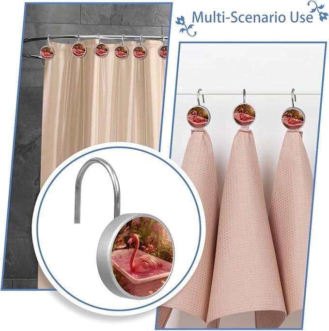 Pink Bathing Flamingo Shower Curtain Hooks, 12Pcs Decorative Rust Resistant Shower Rings for Shower Curtain Rods, Stainless Steel Round Curtain Hooks for Bathroom, Bedroom - ModernBath