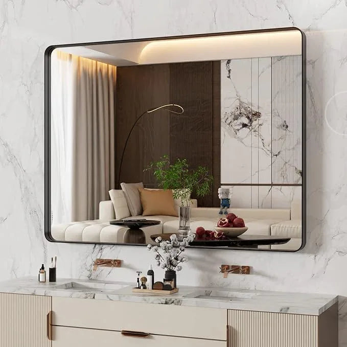 WEER Black Bathroom Mirror 48X36 Inch, Matte Black Bathroom Vanity Mirror Farmhouse, Large Rounded Rectangle Black Metal Framed, Anti-Rust, Tempered Glass, Hangs Horizontally or Vertically - ModernBath
