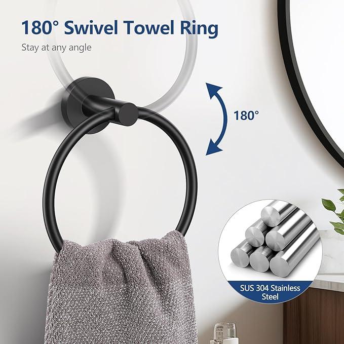 TQKAG 5 Piece Bathroom Towel Bar Holder Sets Matte Black Bathroom Hardware Set Stainless Steel Toilet Paper Holder with Shelf Bathroom Accessories Kit Wall Mounted - ModernBath