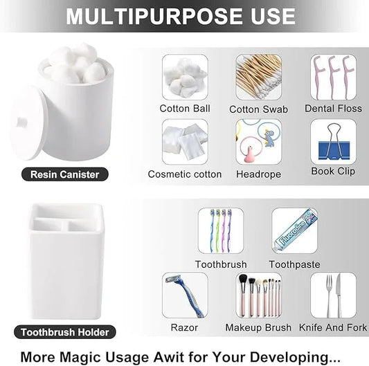 Resin 6 Pcs White Bathroom Set Complete with Toothbrush Holder, Lotion Soap Dispenser, 2 Qtip Holder Dispensers,Vanity Tray,Bathroom Tumbler - Countertop Vanity Organizer - Bathroom Accessories Set - ModernBath