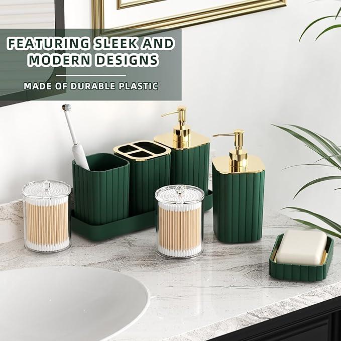 XLHOMO Bathroom Accessory Set - 25PC Green Bathroom Sets, Bathroom Set with Shower Curtain and Rugs, Dark Green Shower Curtain Set, Trash Can, Qtip Holder Dispenser & Soap Dispenser - ModernBath