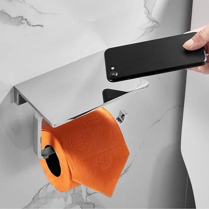 Toilet Roll Paper Holder for Bathroom Solid Brass and Superior Hotel Style Tissue Roll Holder with Cell Phone Storage Polished Chrome Finished - ModernBath