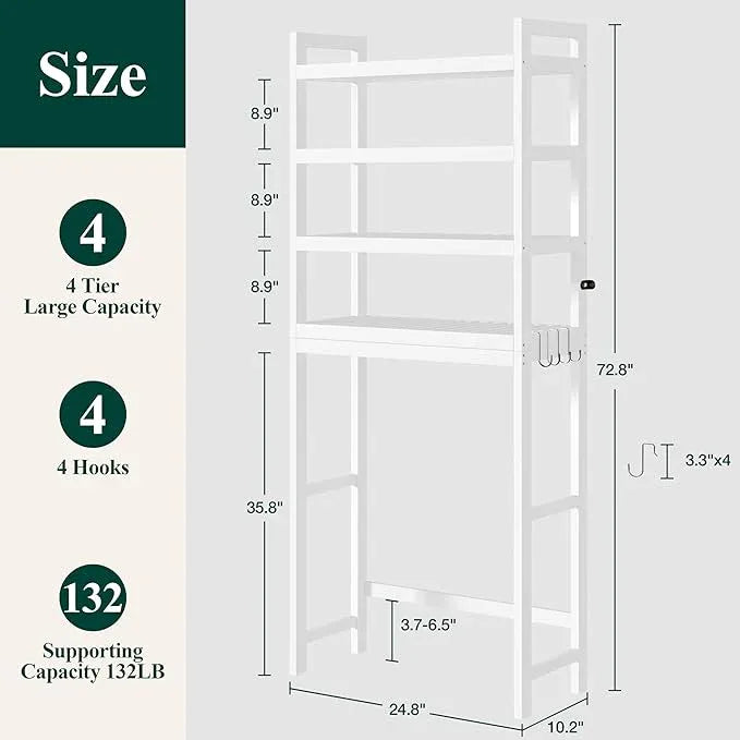 Smiry Over The Toilet Storage Cabinet, 4-Tier Bamboo Bathroom Organizers with Adjustable Shelf & 4 Hooks, Space Saving Shelf Rack for Bathrooms, Laundry Room, Balcony, White - ModernBath