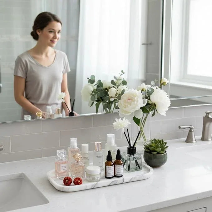 Marmor Real Natural Marble Bathroom Tray for Perfume, Candles, Jewelry Stone Vanity, Bathroom & Kitchen Counter Organizer and Home Decor Statuario White（11.41 * 5.51 * 0.7） - ModernBath