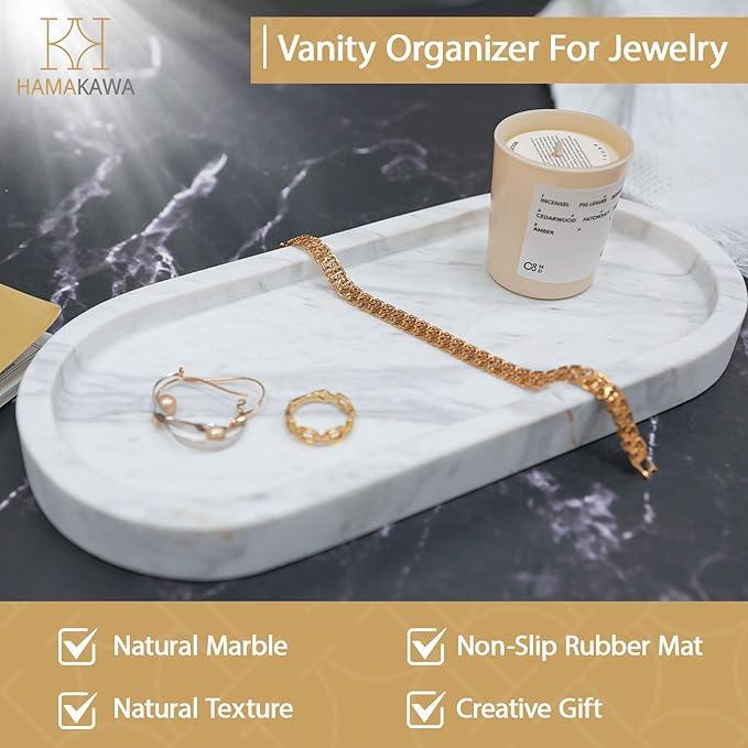 HAMAKAWA Oval Bathroom Vanity Tray, Large Natural Marble Sink Tray 10 inch, Volakas White Stone Soap Trays, Modern Perfume Trays, Countertop Organizer for Kitchen, Coffee Table, Home Decor - ModernBath