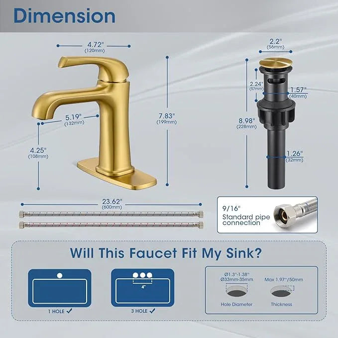 Single Hole Bathroom Faucet,‎Bathroom Sink Faucet,Brushed Gold Bathroom Faucet 1 Hole,with Pop Up Drain and cUPC Supply Lines for Vanity,Lavatory RV Farmhouse (HG-8901-BG) - ModernBath