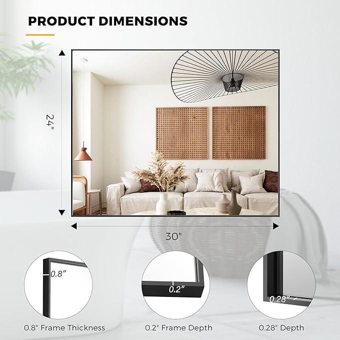 Bonverre 24x30 Inch Black Bathroom Mirror for Wall, Aluminum Frame Rectangle Rectangular Vanity Mirror, Modern Large for Bedroom, Living Room, Horizontal or Vertical - ModernBath