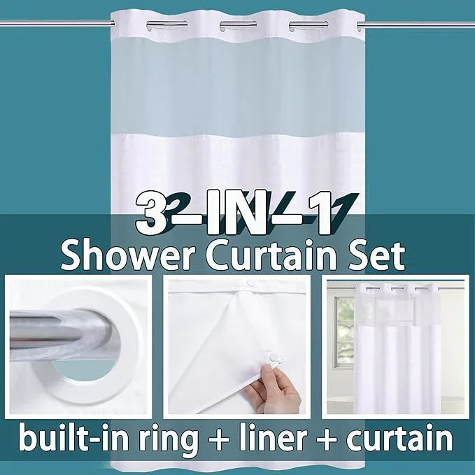 Conbo Mio Stall No Hook Shower Curtain with Snap in Liner Set, Hotel Luxury White Shower Curtains for Bathroom with See Through Top Window, Waterproof, Washable 54W x 74H - ModernBath