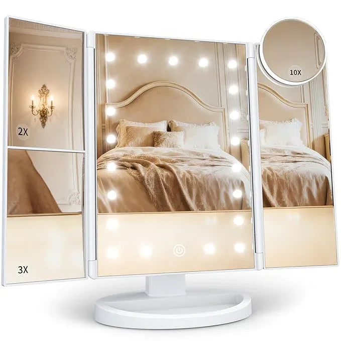 HUONUL Makeup Mirror, Vanity Mirror with Lights, 2X/3X/10X Magnification, Touch Control, Trifold, Dual Power Supply, Valentines Day Gifts for Her,Gifts for Women, Wife, Mom, Girls,Dorm Room Essentials - ModernBath