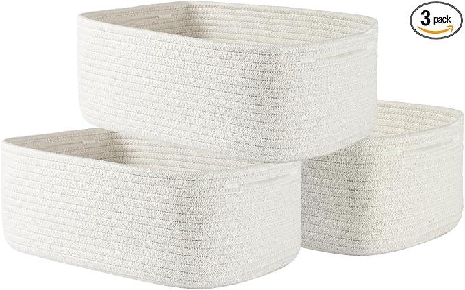 Small Woven Basket, 13.5 x 9.5 x 5 Inches, Storage Basket for Organizing, Cute Small Rope Shelf Closet Cube Storage Bins Baskets for Shelves, Dog Toy Gift Baskets Empty, 3 Packs, Off White - ModernBath