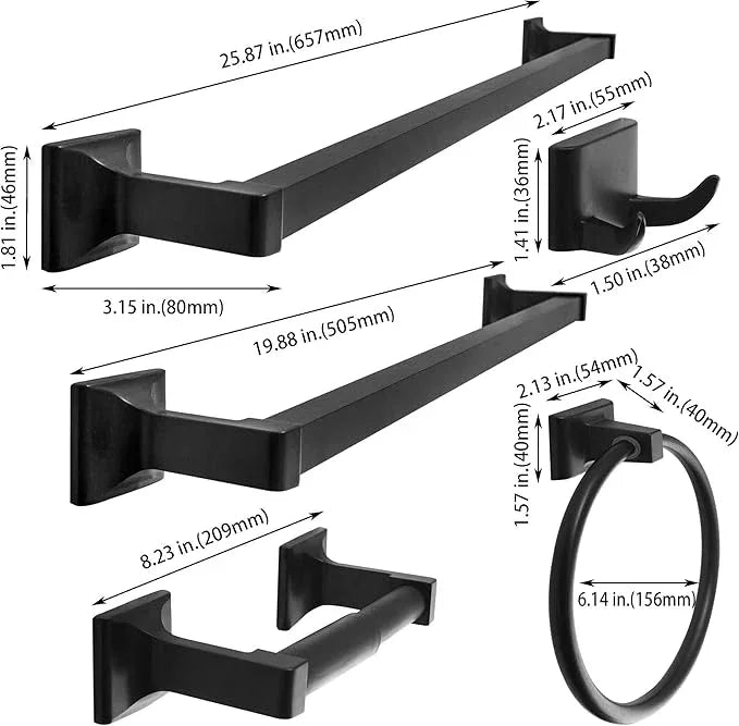 SENTO Cellar Classic Bathroom Accessories Set, Heavy Duty Metal Bath Hardware Set Wall Mounted, Includes Robe Hook, Toilet Paper Holder, Towel Ring, 18” & 24” Towel Bar (5-Piece, Matte Black) - ModernBath
