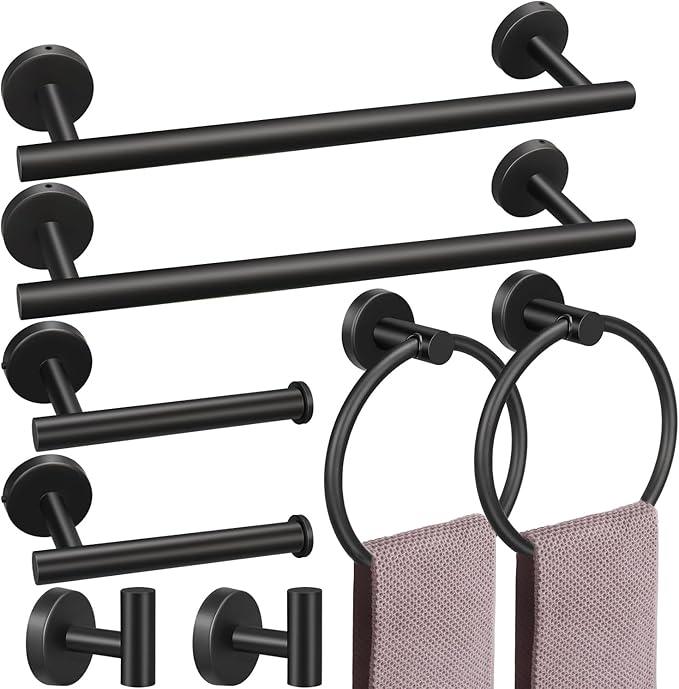 8 Pieces Bathroom Towel Rack Set, Includes 2PCS 23.6 inch Towel bar, 2PCS Towel Hook, 2 PCS Towel Ring, 2PCS Toilet Paper Holder-Matte Black Bathroom Accessories Sets - ModernBath