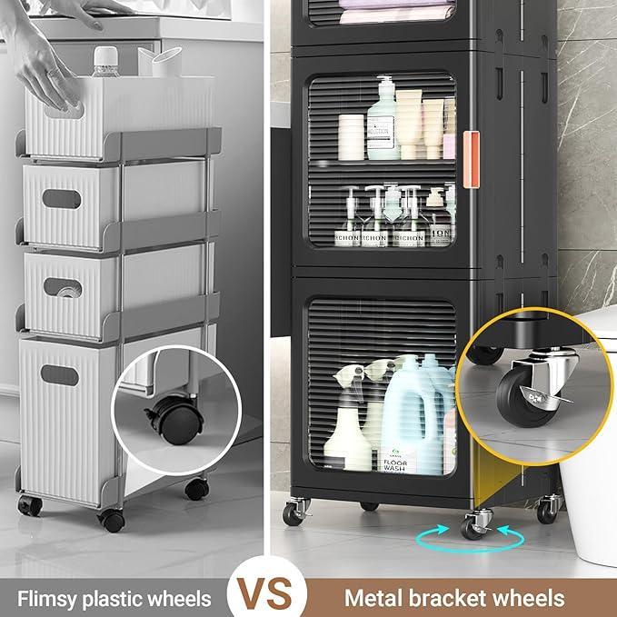 BROVIEW 4-Tier Tall Narrow Storage Cabinet 14.6” Wide, Slim Bathroom Cabinets with Adjustable Shelves and Doors, Plastic Kitchen Pantry Organizers and Storages for Small Space, Laundry, Black - ModernBath