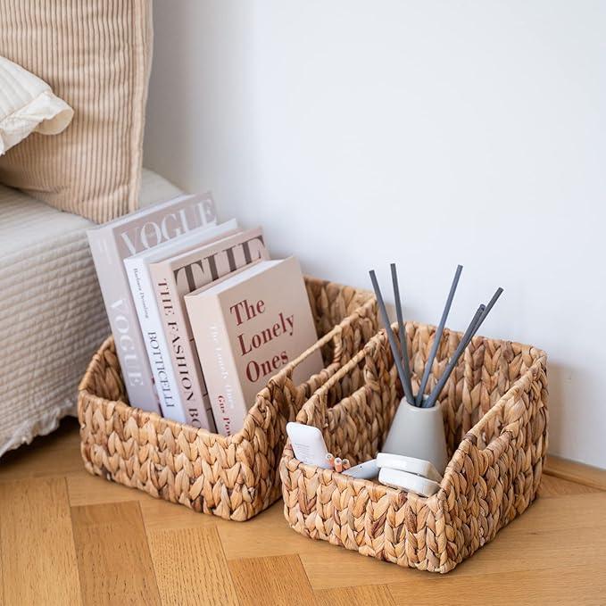 FairyHaus Wicker Baskets 2 Pack, Natural Large Wicker Baskets for Storage, Nesting Hand-woven Water Hyacinth Wicker Baskets for Organizing with Built-in Handles, 9"L x 11"W x 7"H - ModernBath