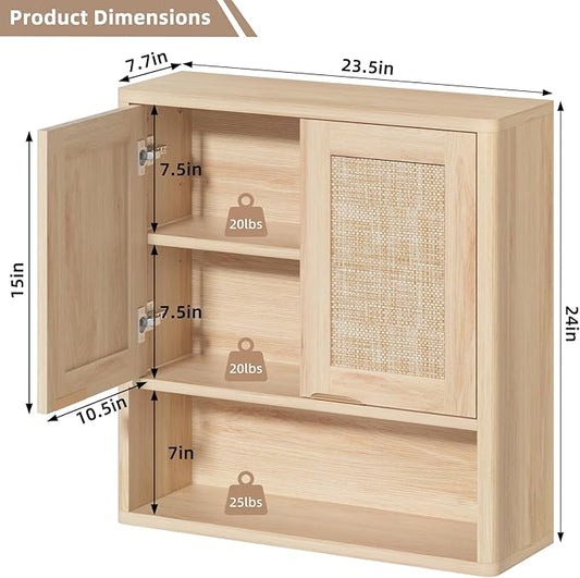 LEYAOYAO Rattan Bathroom Wall Cabinet, Boho Medicine Cabinet with Adjustable Shelf & Doors, Over The Toilet Storage Cabinets Organizer for Laundry Room, Kitchen, Living Room, Natural