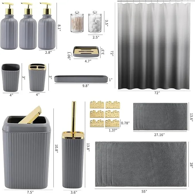 WSBArt 32PCS Bathroom Accessories Set Bathroom Set,Grey Shower Curtain Set,Bath Towel Set,Hand Towel,Toilet Brush,Trash Can & 3PCS Soap Dispenser - ModernBath