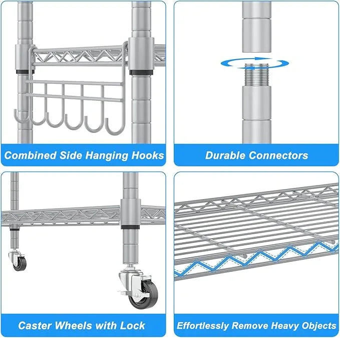 Homdox 5 Tier Adjustable Rolling Storage Shelves, Heavy Duty Wire Racks and Shelving, Metal Shelves for with Side Hooks Pantry Closet Kitchen Garage Organization, Silver Gray - ModernBath
