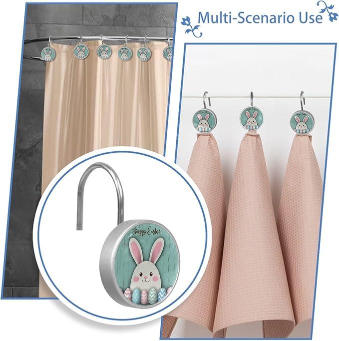 Rural Teal and Easter Bunny Crystal Glass Shower Curtain Hooks for Bathroom Shower Rod, 12Pcs Round Home Decorative Shower Curtain Rings, Bathroom Bedroom Living Room Accessories - ModernBath