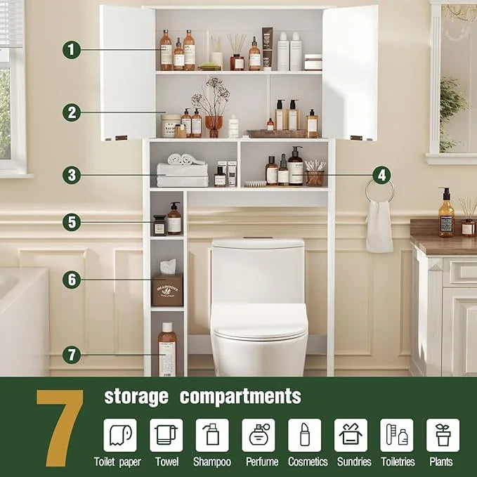 31" W Over The Toilet Storage Cabinet with Fluted Door, White Bathroom Organizer with Adjustable Shelf, 67''H Tall Toilet Paper Holder Stand Wave Door for Restroom, Laundry Room - ModernBath
