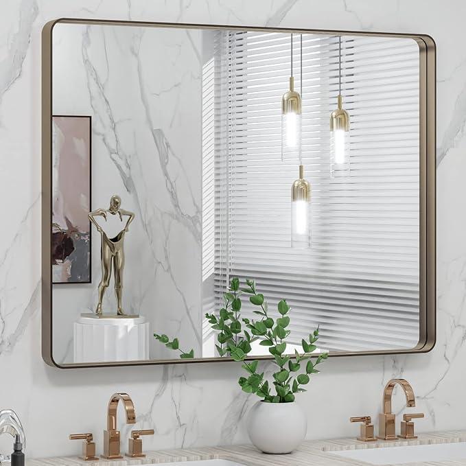 LOAAO 40”X30” Bronze Bathroom Mirrors for Vanity, Rounded Rectangle Brushed Bronze Metal Frame Mirror, Anti-Rust, Tempered Glass, Hangs Horizontally or Vertically - ModernBath