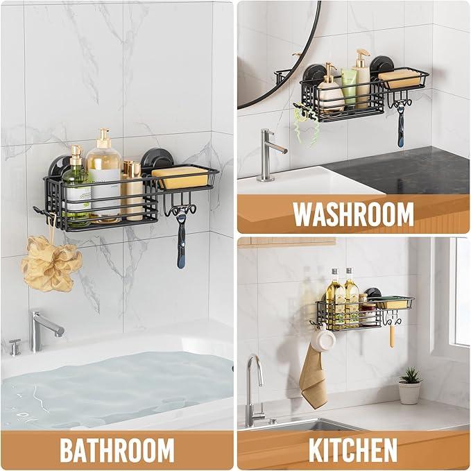 LEVERLOC Shower Caddy Suction Cup, Suction Caddy with Hooks and Soap Holder for Bathroom, No-Drilling Bathroom Shower Organizer, Black - ModernBath