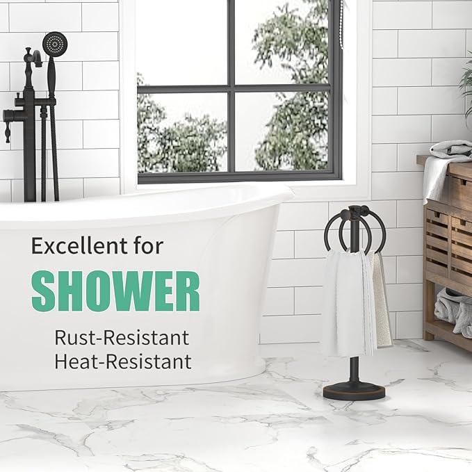 Hoimpro 17 Inch Oil Rubbed Bronze Stainless Steel Free Standing Towel Rack Bar, Double Stand Towel Ring Hand Towel Holder Hanger, Towel Hardware for Bathroom Vanity Kitchen Countertops - ModernBath