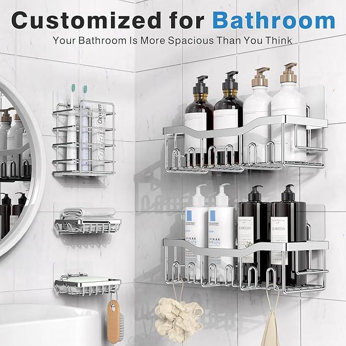 EUDELE 5-Pack Rustproof Stainless Steel Shower Caddy – No Drill Adhesive Bathroom Organizer with Large Capacity, Spacious Shower Shelves for Inside Shower, Kitchen & Home Decor Storage-XL Size - ModernBath