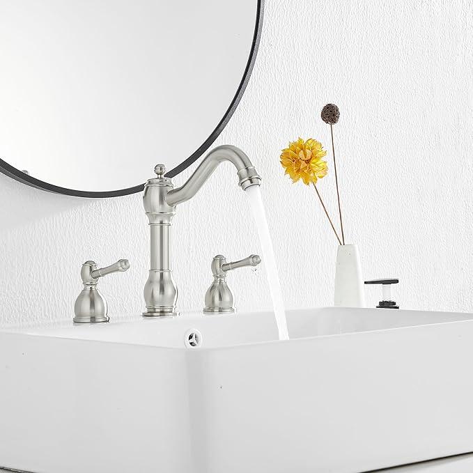 GGStudy 2 Handles 3 Holes Faucet Widespread Bathroom Sink Faucet Basin Tap Mixer Supply Hose Included Matching Pop Up Drain Brushed Nickel - ModernBath