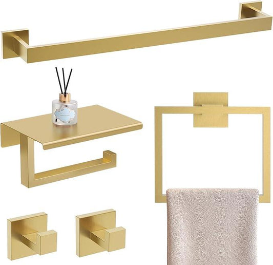 YACVCL Brushed Gold Bathroom Hardware Accessorie Set 23.6 Inch Towel Bar Set 5-Pieces Towel Rack&Holder Set for Bathroom,Upgraded Toilet Paper Holder with Shelf,Stainless Steel Wall-Mounted - ModernBath