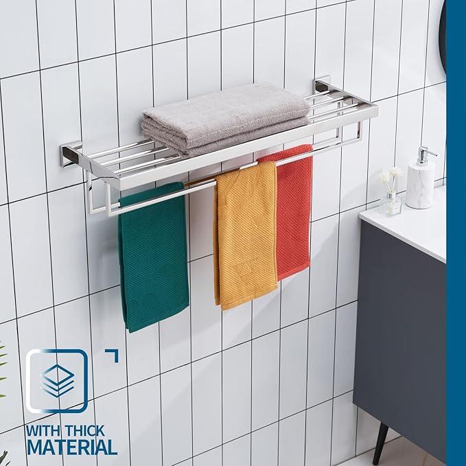 KOKOSIRI 32'' Bathroom Towel Shelf Chrome Towel Rack with Two Bath Towel Bars SUS304 Stainless Steel Wall Mounted, Polished Finish B6003CH-L32 - ModernBath