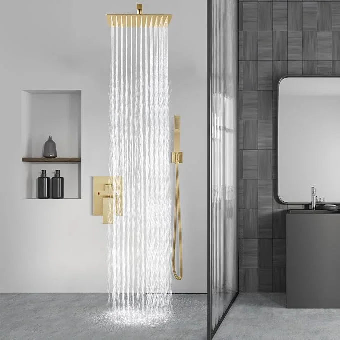 Aolemi Shower Faucet Set Rain Shower System with Handheld Spray Bathroom Shower Combo Rough-in Valve and Shower Trim Kit Included Brushed Gold 8 Inch Wall Mount Shower Head - ModernBath