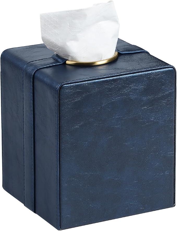Cretkhp Luxury Square Tissue Box Cover, PU Leather Tissue Box Holder with Magnetic Closure and Gold Decorative Grommets for Bathroom Bedroom, Decorative Elegant Cube Tissue Holder (Blue) - ModernBath