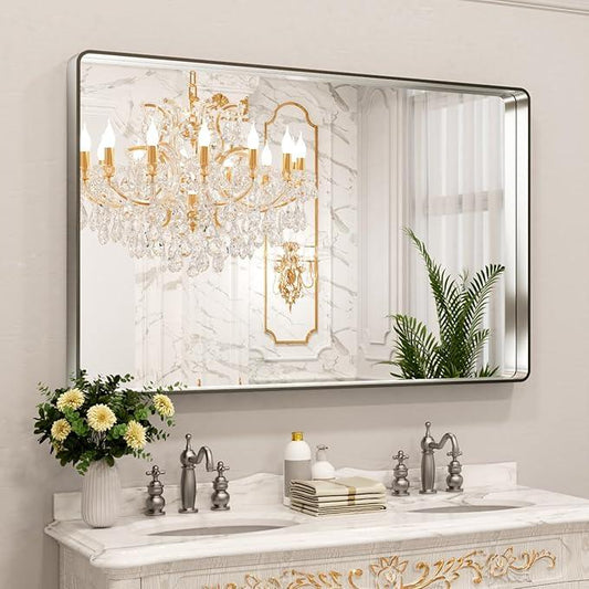 LOAAO 50X30 Inch Brushed Nickel Bathroom Mirror, Rounded Rectangle Silver Metal Frame Mirror, Brushed Nickel, Anti-Rust, Shatter Proof, Hangs Horizontally or Vertically - ModernBath