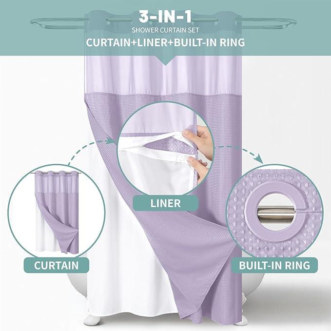 eachope Lavender No Hook Waffle Weave Shower Curtain with snap-in Liner Replacement, 230GSM Waterproof Fabric Hotel Shower Curtain Set for Bathroom, Through Mesh Top Window,54Wx80H - ModernBath