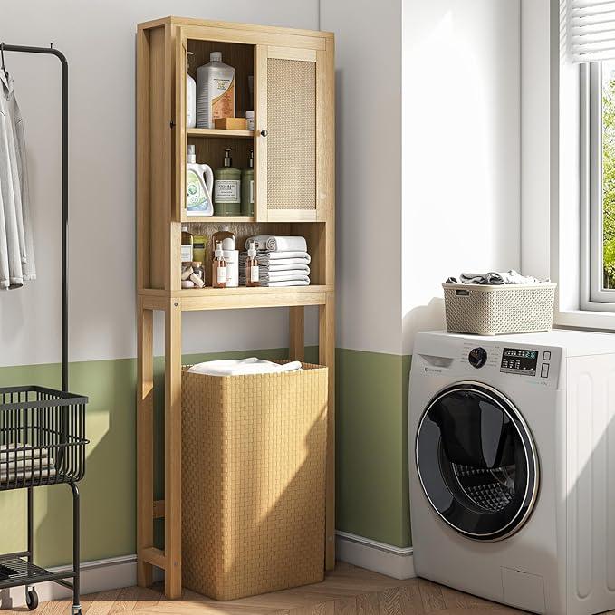 knoworld Rattan Over The Toilet Storage Cabinet, Above Toilet Bathroom Organizer with Adjustable Shelf, Behind Toilet Cabinet, Space Saver for Restroom, Bathroom, Laundry, Wood Rack, Natural - ModernBath