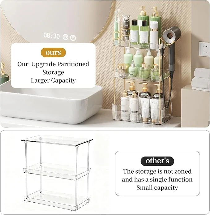 Bathroom Counter Organizer for Vanity, Makeup Organizer Countertop with Holder, Large Capacity Storage Rack, Perfect Large Skincare, Hair Care, Perfume, Easy to Install (Clear, 3Tiers) - ModernBath