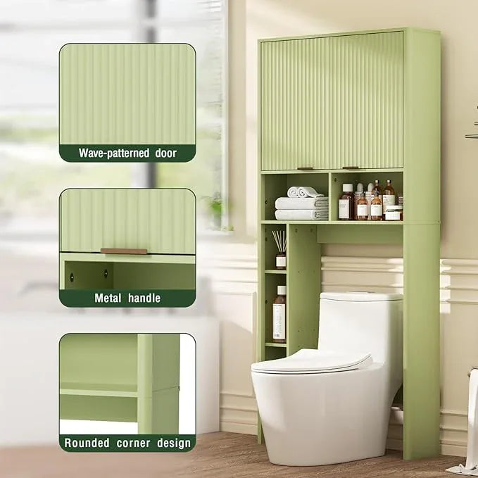 31" W Over The Toilet Storage Cabinet with Fluted Door, Green Bathroom Organizer with Adjustable Shelf, 67''H Tall Natural Toilet Paper Holder Stand Wave Door for Restroom, Laundry Room - ModernBath