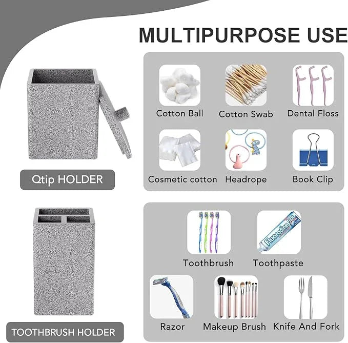 Gray Bathroom Accessories Set Resin 6PCS, Square Toothbrush Holders Set Complete with Soap Dispenser, Vanity Tray, Tumbler, Cups and Cotton Swab Jars for Counter, Sink or Small Spaces - ModernBath