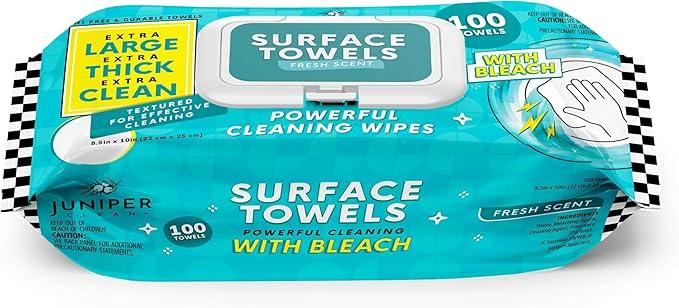 Juniper CLEAN Single Surface Wipes with Bleach, Thick & Large Dispose, All-Purpose Cleaner for Bathroom, Kitchen, Office, 100 Count Soft Flow, Biodegradable, Fresh Scent - ModernBath
