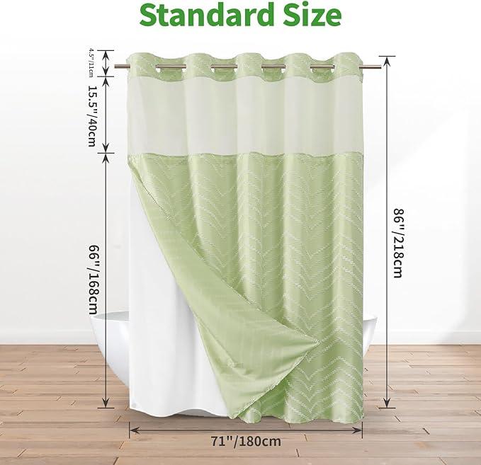 Extra Long No Hook Boho Shower Curtain with Snap-in Fabric Liner Set,71x86,White Woven Fabric Tufted Chevron Striped Design,Modern Chic Minimalist Bathroom Curtain,71x86,Sage Green - ModernBath