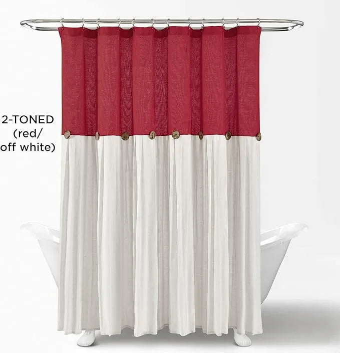 Lush Decor Linen Button Shower Curtain, 72" W x 72" L, Red & Off White - Red Bathroom Curtain - Fabric Shower Curtains - Farmhouse Bathroom Decor - ModernBath