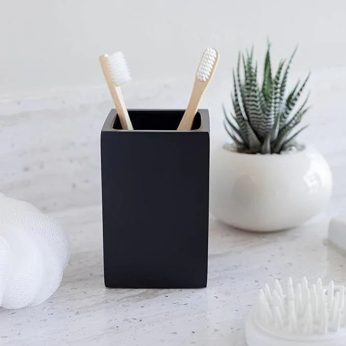 Yew Design Matte Black Toothbrush and Toothpaste Holder for Bathroom Vanity and Countertop, Square Organizer for Electric Toothbrushes, Floss, Razors, Cotton, and Mouthwash - ModernBath