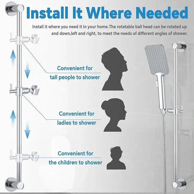 Shower Slide Bar Adjustable Handheld Shower Head Holder Wall Mount - 30inch All-Metal Shower Head Slide Bar Compatible with Bathroom Drill Free Glue Installation - Polished Chrome - ModernBath