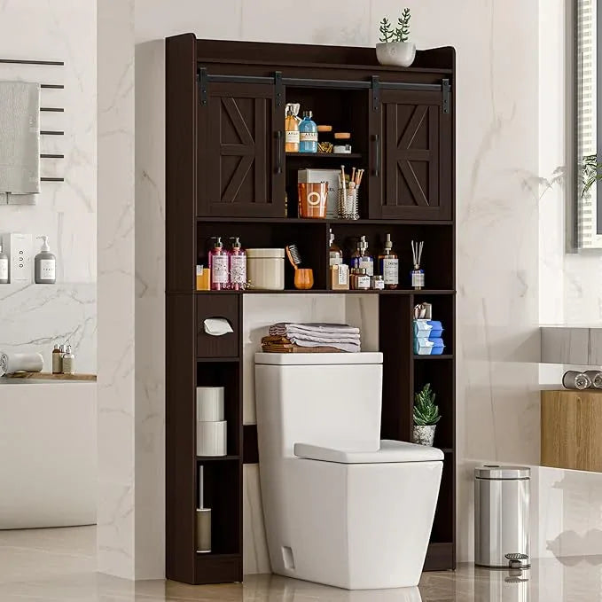 Over The Toilet Storage Cabinet, Farmhouse Toilet Cabinet Rack with Barn Doors, Space Saving Bathroom Organizer with Shelves, Toilet Paper Holder and Towel Rack for Bathroom,Restroom,Laundry,Walnut - ModernBath